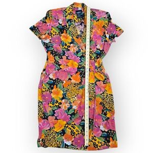 VTG 90s Floral Leopard Dress Wrap Positive Attitude Animal Print Size‎ 14 Rayon